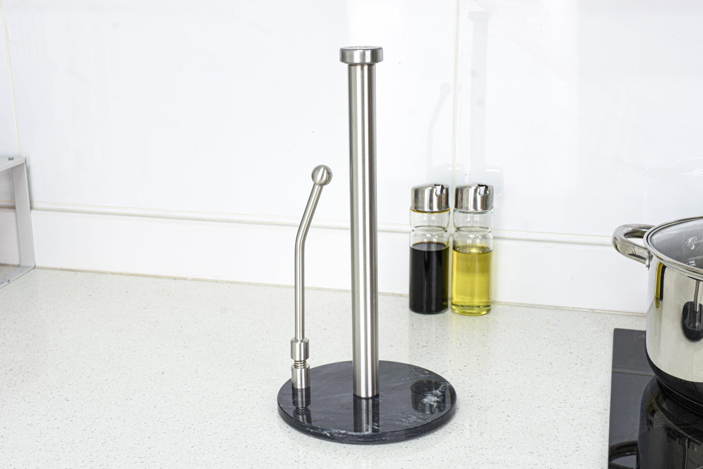 Skyway Goods - Stainless Steel Paper Towel Stand with Marble Base and Weighted Anti-Slip, Space-Saving Sleek Kitchen Countertop Towel Holder