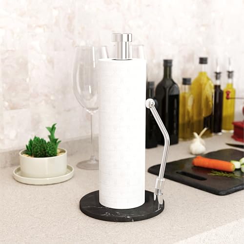 Skyway Goods - Stainless Steel Paper Towel Stand with Marble Base and Weighted Anti-Slip, Space-Saving Sleek Kitchen Countertop Towel Holder