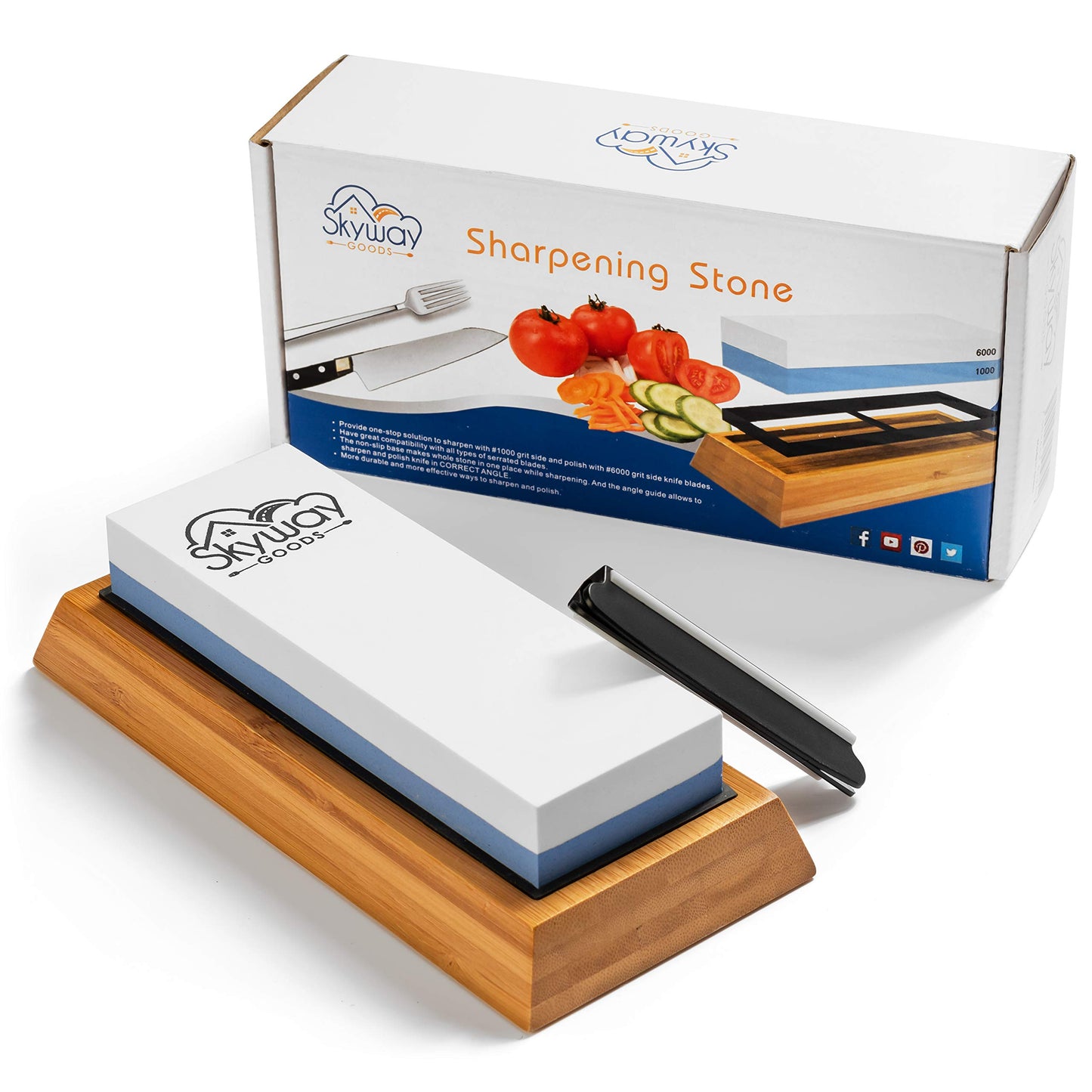 Sharpening Stone - Double Grit knife sharpener - 1000/6000 with angle base and bamboo base by Skyway Goods
