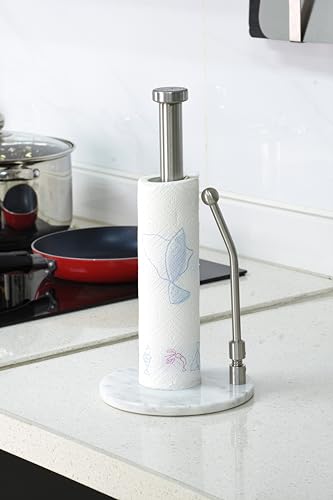 Skyway Goods - Stainless Steel Paper Towel Stand with Marble Base and Weighted Anti-Slip, Space-Saving Sleek Kitchen Countertop Towel Holder