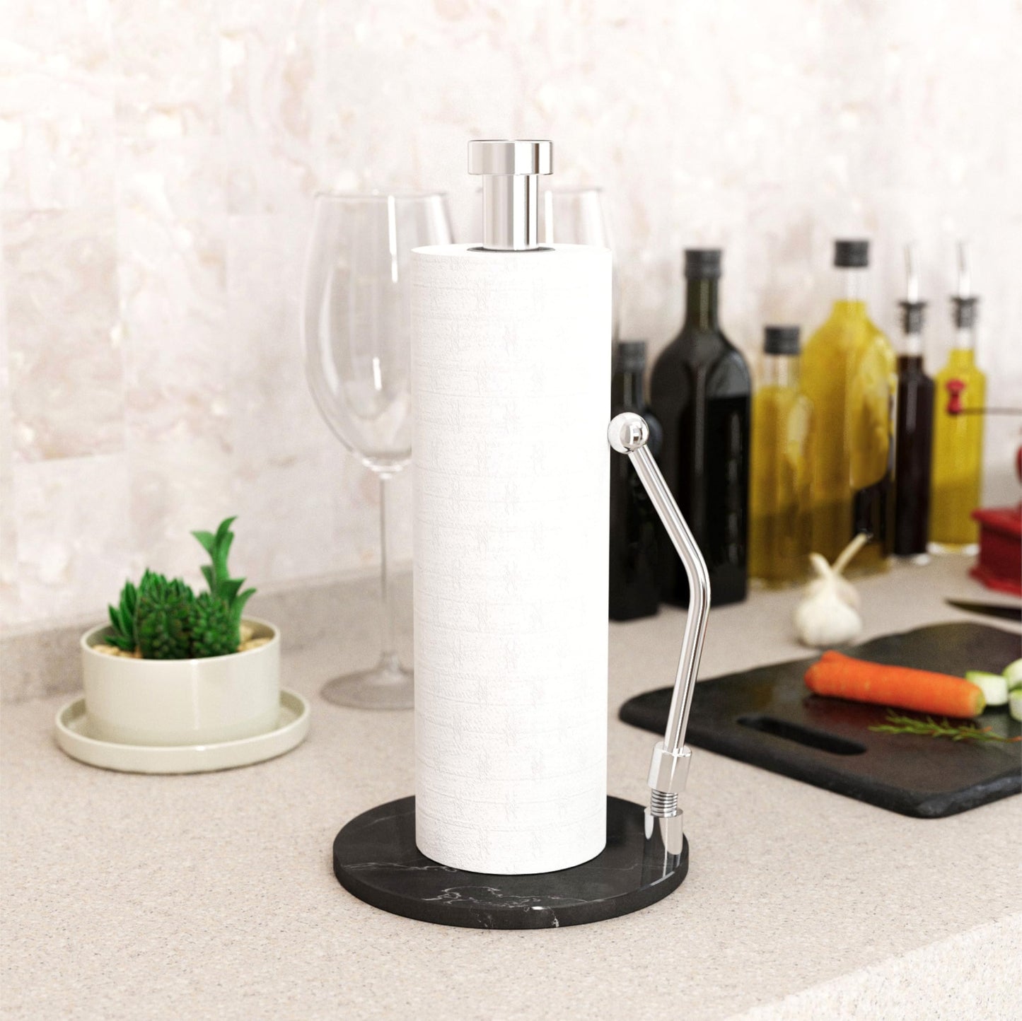 Skyway Goods - Stainless Steel Paper Towel Stand with Marble Base and Weighted Anti-Slip, Space-Saving Sleek Kitchen Countertop Towel Holder