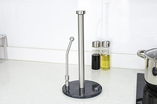 Skyway Goods - Stainless Steel Paper Towel Stand with Marble Base and Weighted Anti-Slip, Space-Saving Sleek Kitchen Countertop Towel Holder