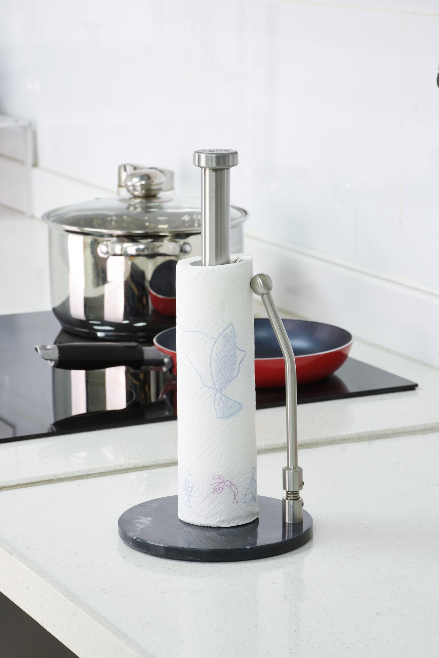 Skyway Goods - Stainless Steel Paper Towel Stand with Marble Base and Weighted Anti-Slip, Space-Saving Sleek Kitchen Countertop Towel Holder
