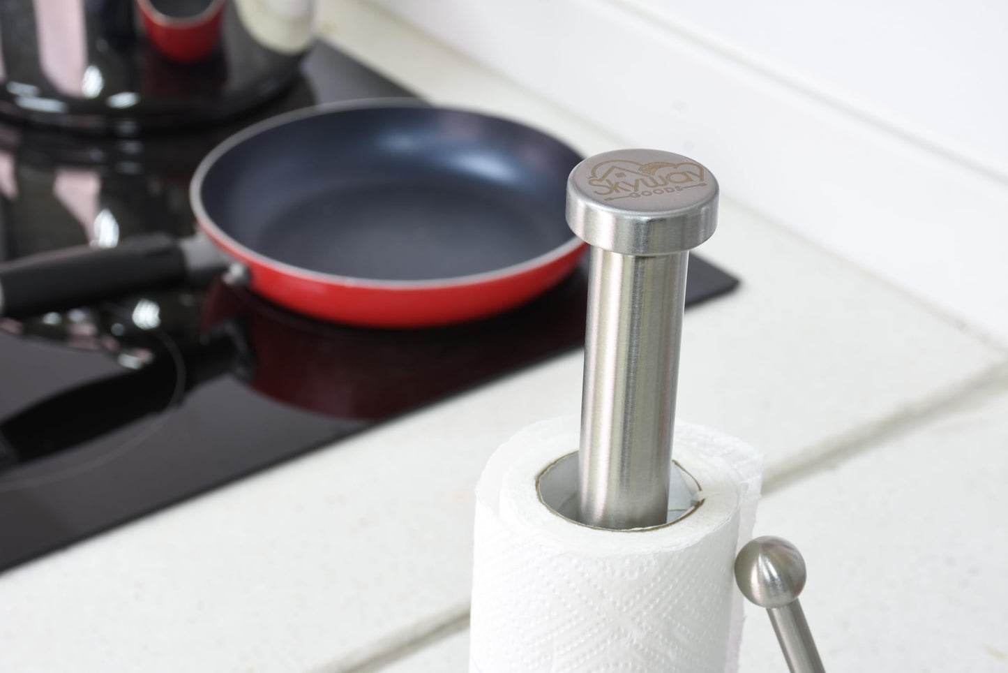 Skyway Goods - Stainless Steel Paper Towel Stand with Marble Base and Weighted Anti-Slip, Space-Saving Sleek Kitchen Countertop Towel Holder