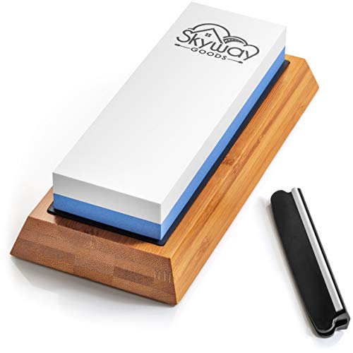 Sharpening Stone - Double Grit knife sharpener - 1000/6000 with angle base and bamboo base by Skyway Goods