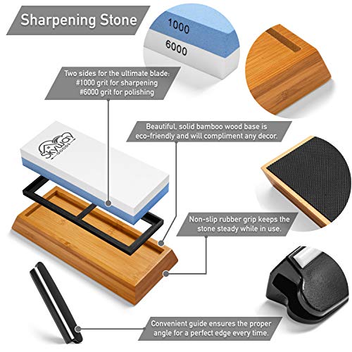 Sharpening Stone - Double Grit knife sharpener - 1000/6000 with angle base and bamboo base by Skyway Goods